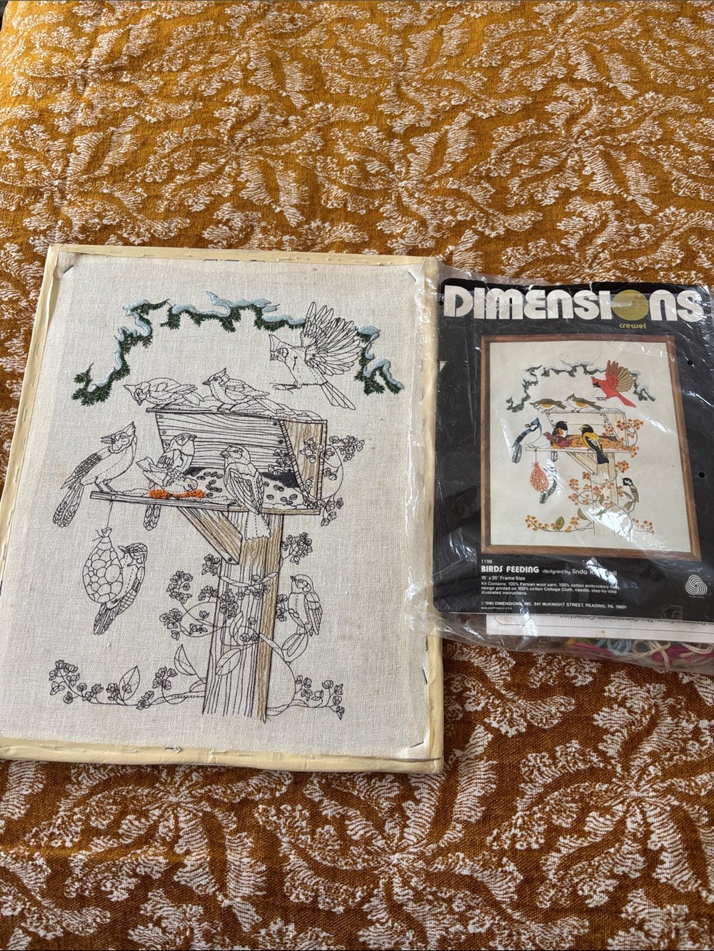 Vintage Dimensions crewel needlework kit, partially completed,on frame,16x20”
